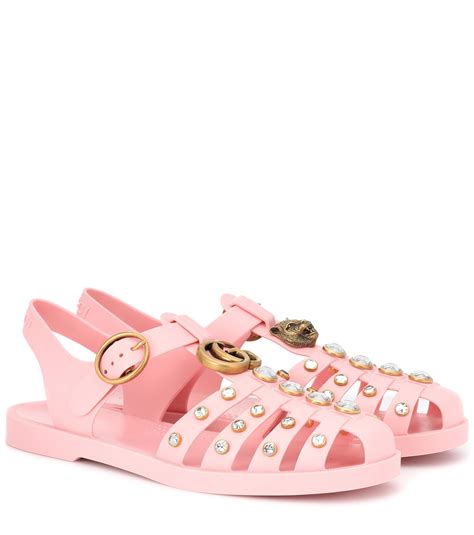 gucci pink leather sandals|Gucci crystal embellished sandals.